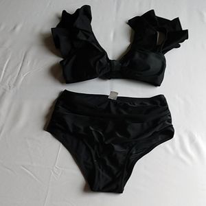 Sporlike Women 2 pieces Black Ruffled top swimsuit